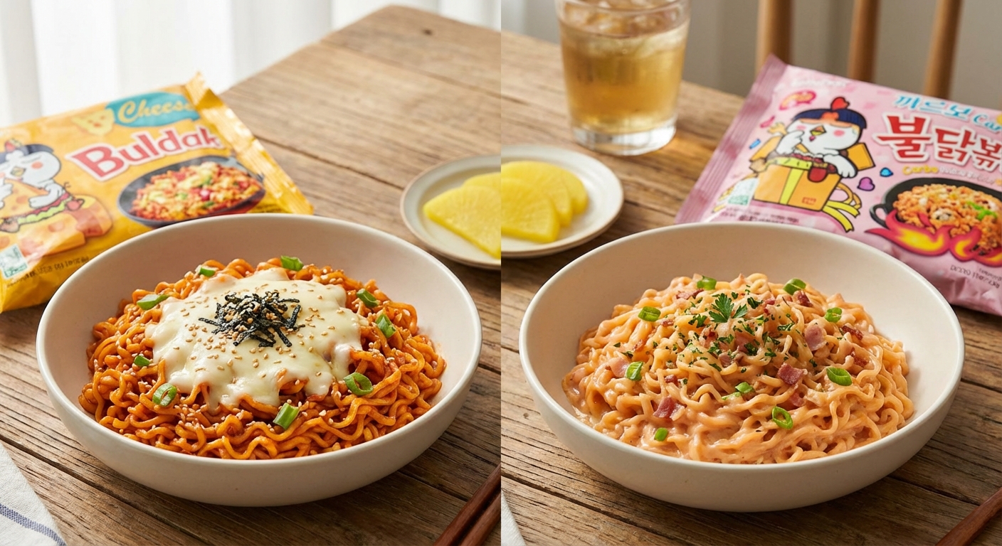 치즈 불닭볶음면과 까르보 불닭볶음면 제품 사진