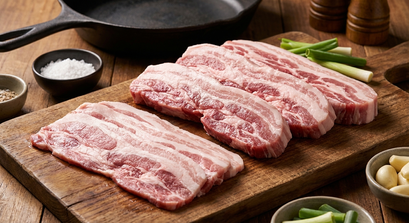 다양한 두께로 썰린 삼겹살 비교 컷