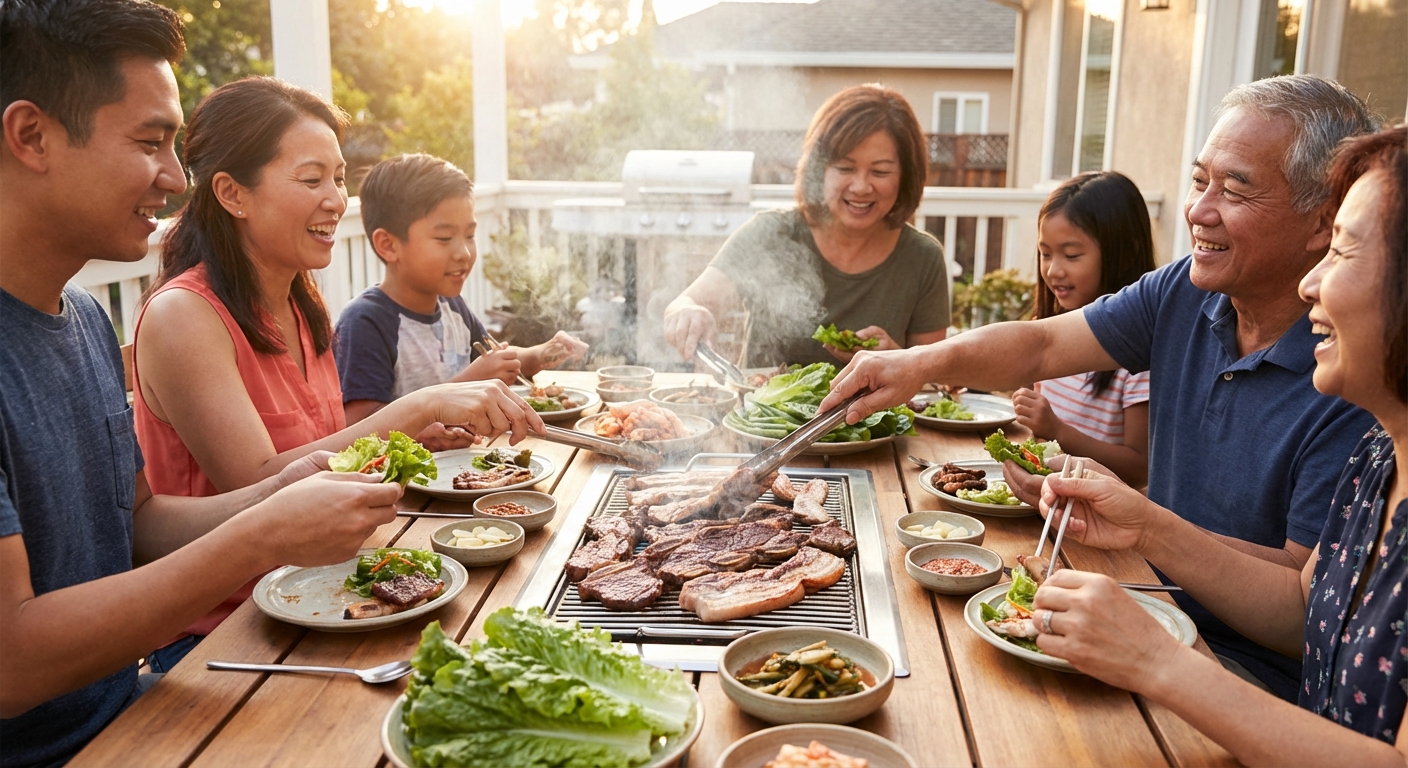 가족이 함께 고기를 구워 먹는 식탁 풍경