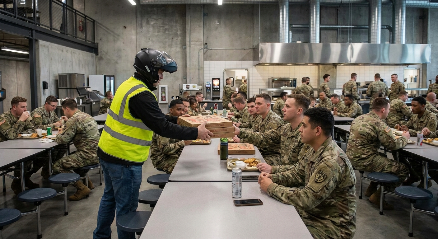 군 기지 내 피자 배달 장면 또는 식당 내부
