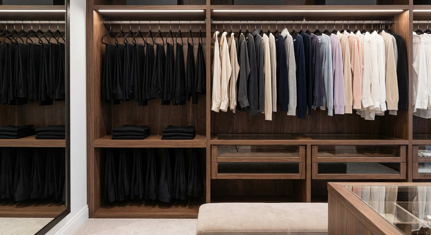 검정 슬랙스와 다양한 상의가 걸려있는 옷장 전경