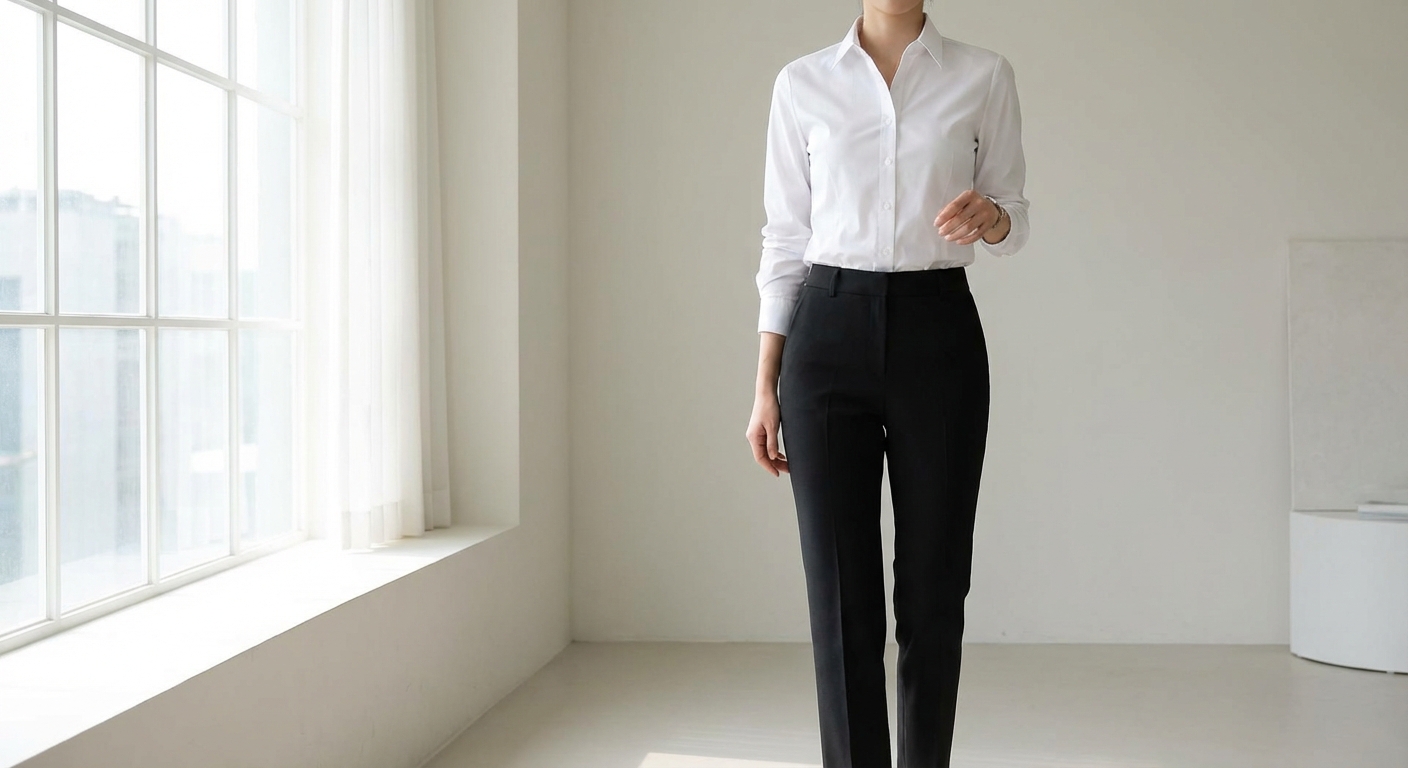 화이트 셔츠와 검정 슬랙스를 입은 전신 코디 샷