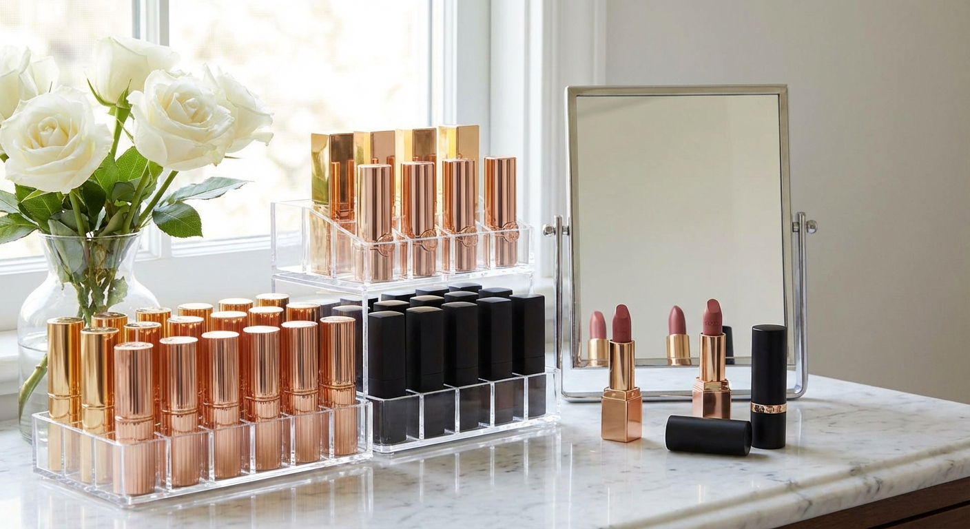화장대 위 여러 개의 립스틱이 정리된 모습