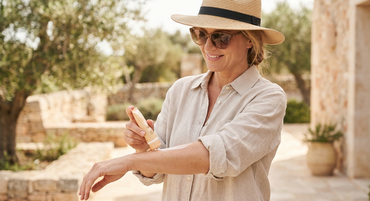 야외에서 선크림을 재도포하는 모습