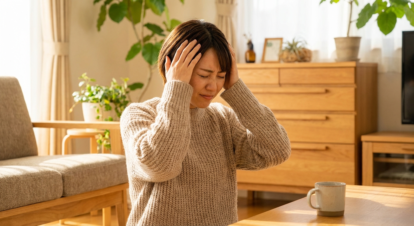두통으로 머리를 감싸고 있는 사람