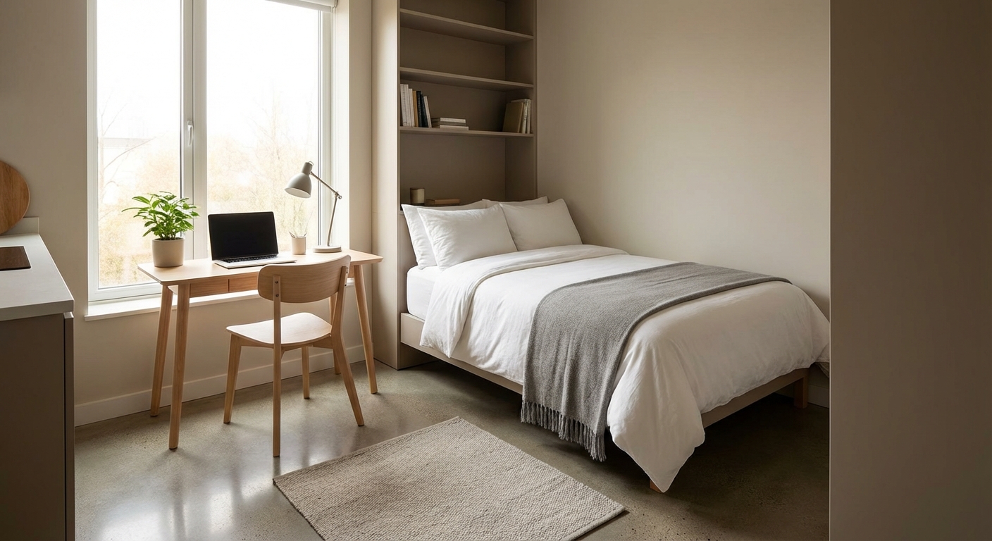 깔끔하게 정돈된 원룸 내부, 작은 책상과 침대