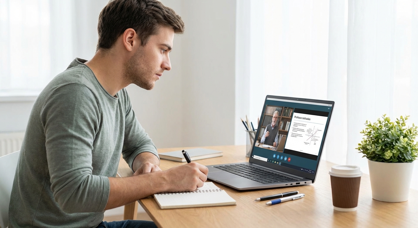 노트북으로 온라인 강의를 듣고 있는 청년, 노트와 필기도구