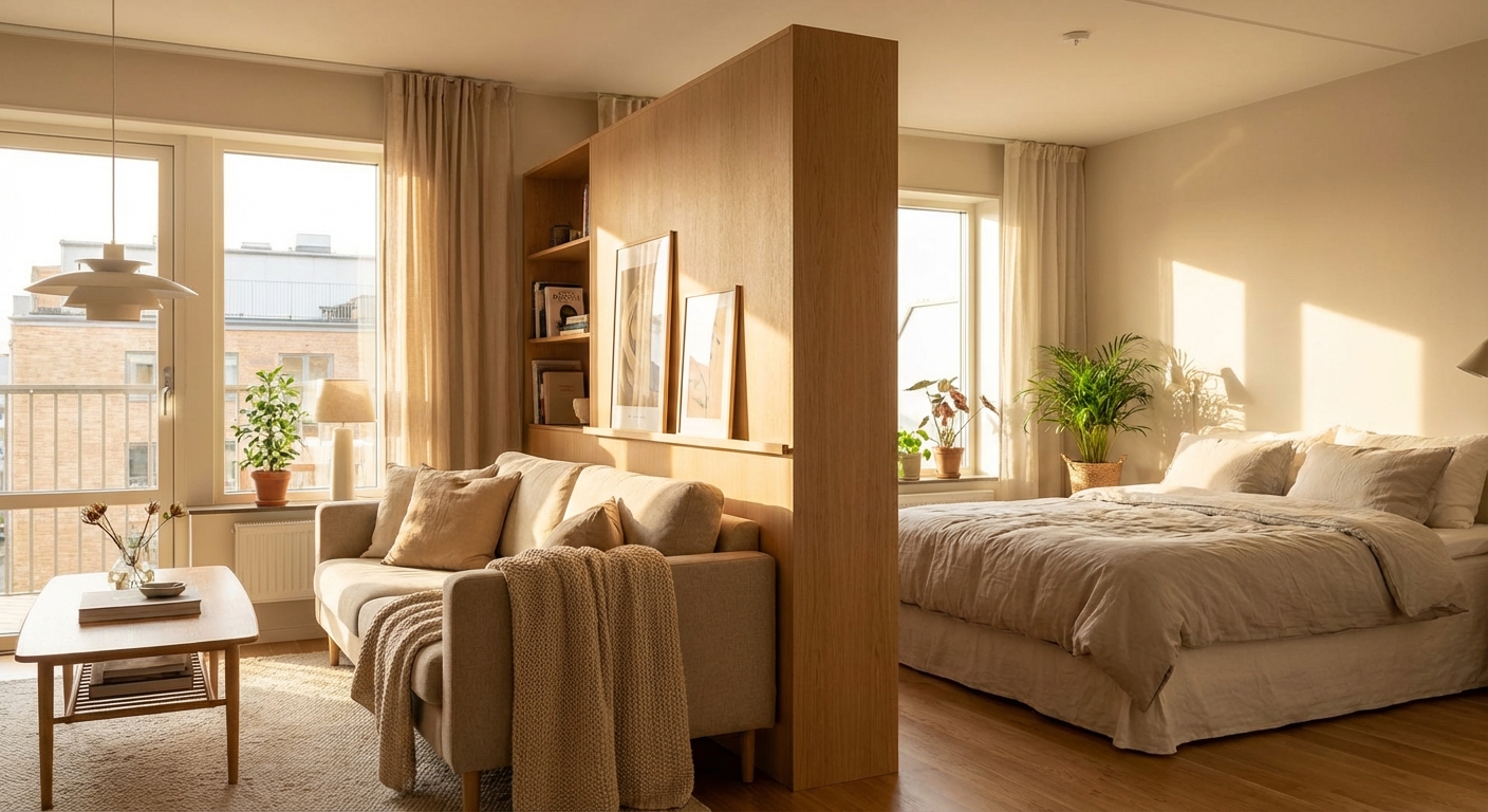 가벽으로 분리된 침실 공간과 거실 공간