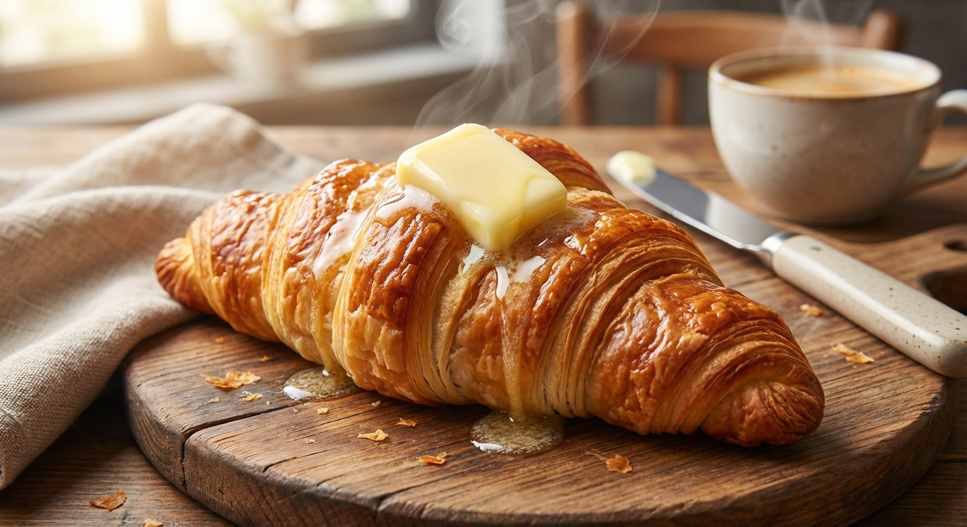 갓 구운 크루아상에 버터가 녹아내리는 모습