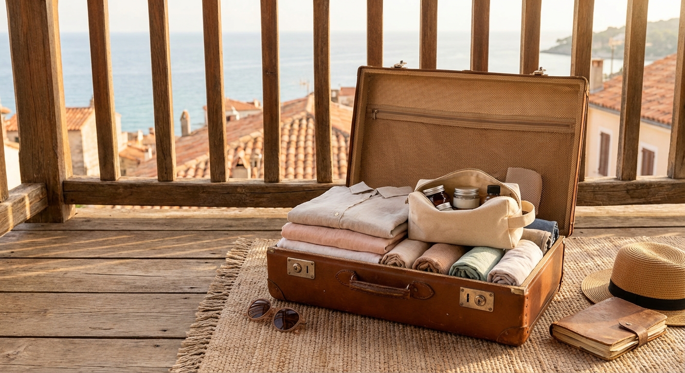 캐리어 안에 정리된 화장품과 옷가지