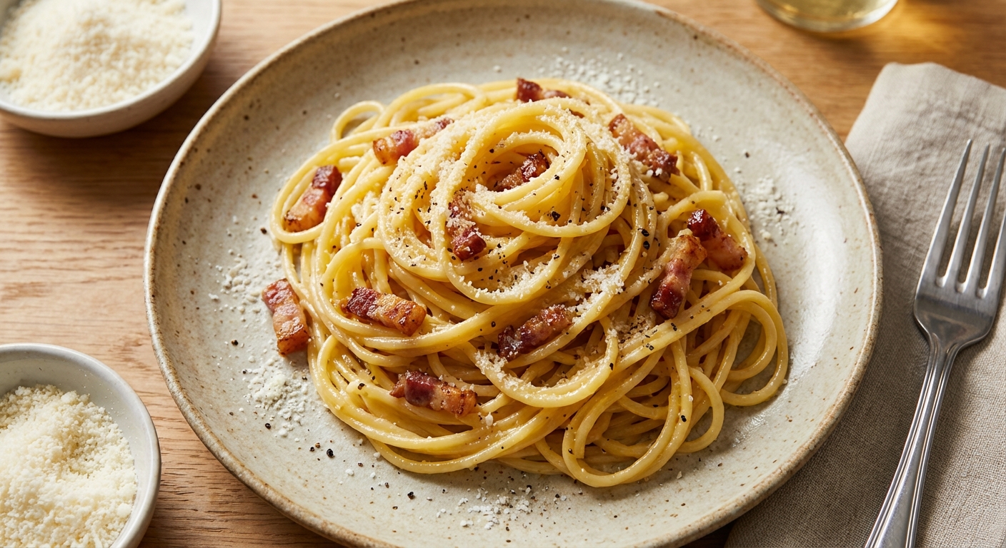 면에 얇게 코팅된 이탈리아식 까르보나라