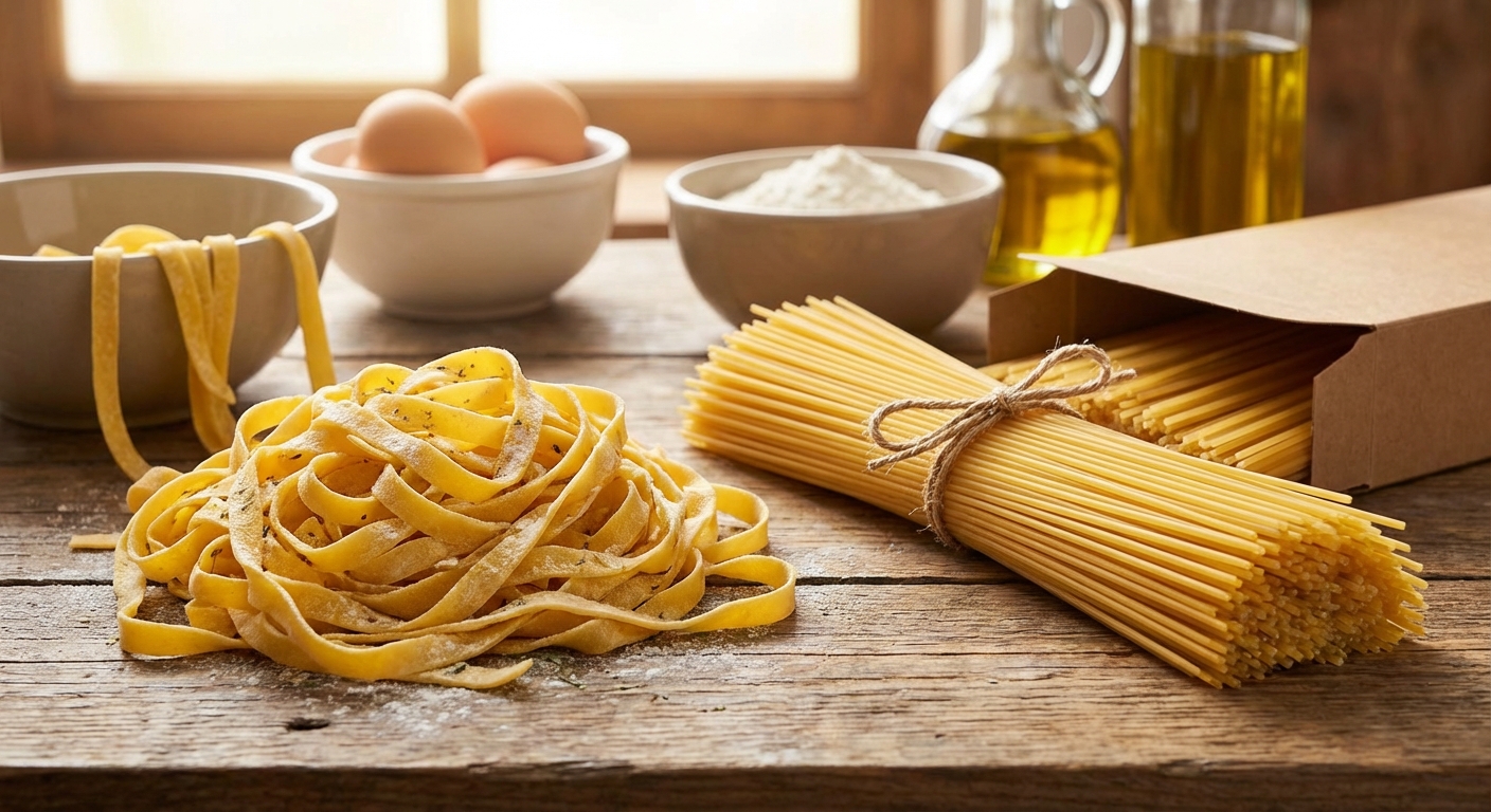 생면 파스타와 건면 파스타가 나란히 놓인 이미지