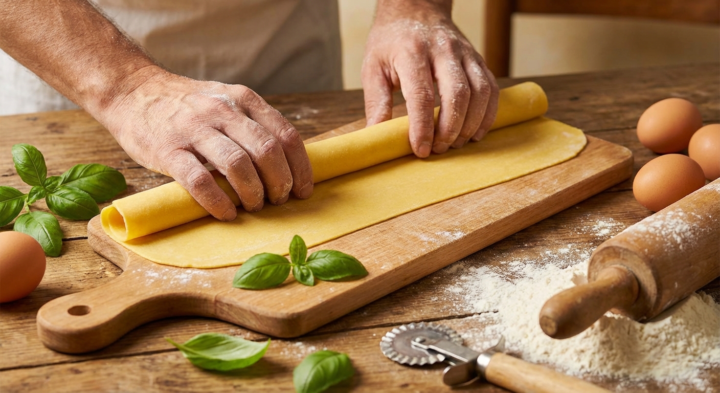 밀가루 반죽을 밀어 파스타 면을 만드는 장면