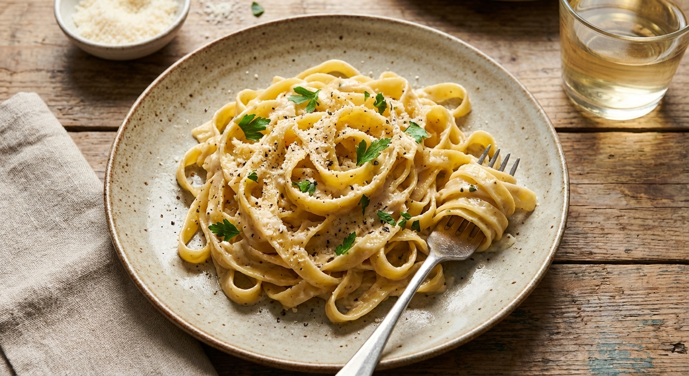 생면 파스타에 크림소스를 버무린 요리 접시