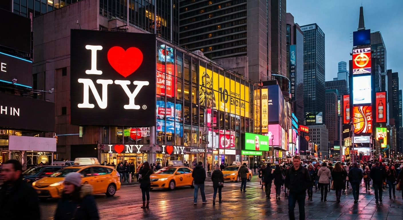 뉴욕 타임스스퀘어 I♥NY 로고가 보이는 풍경