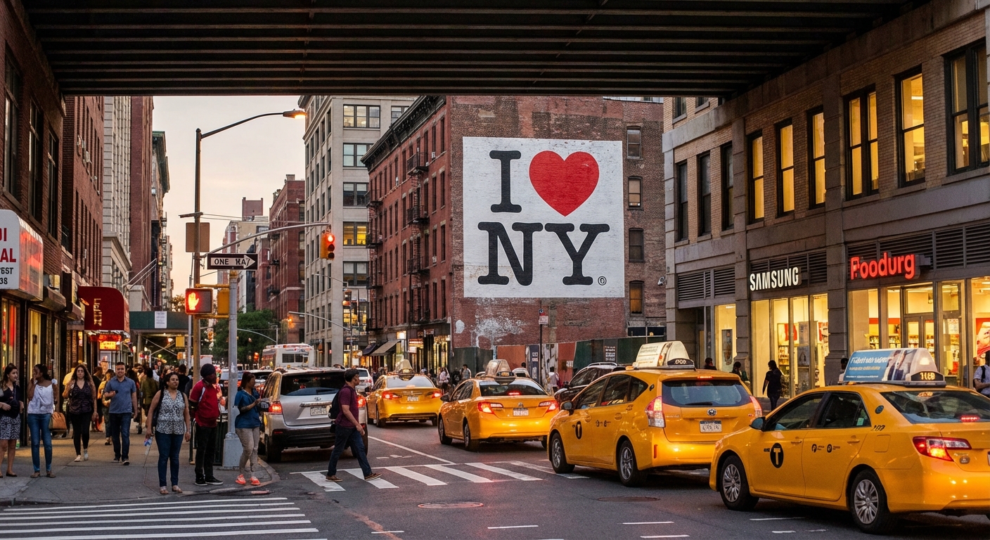 현재 뉴욕 거리 풍경과 I♥NY 로고