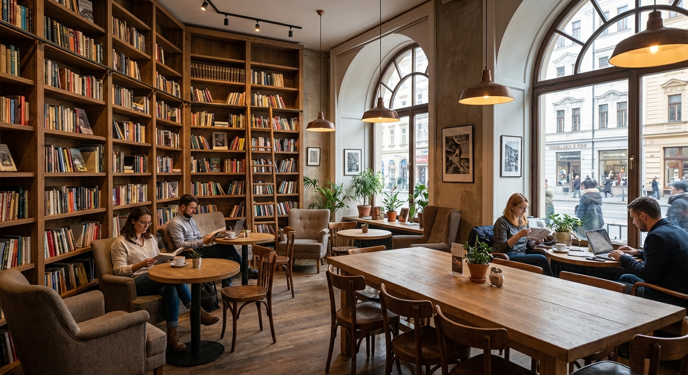 서가와 카페 공간이 어우러진 인테리어