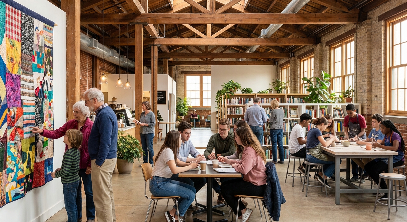 다양한 연령대의 사람들이 문화복합공간을 즐기는 모습