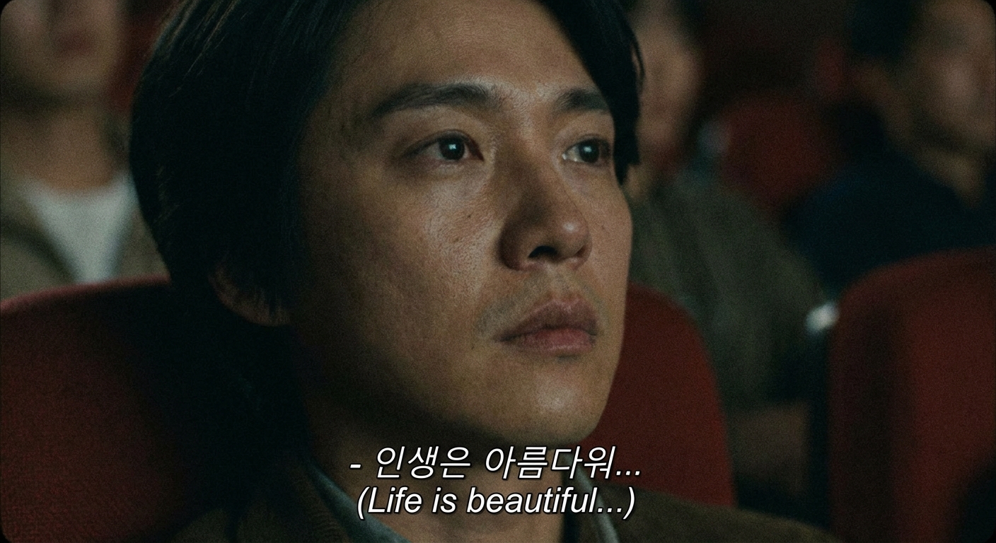 영화 자막과 함께 배우의 표정이 클로즈업된 장면