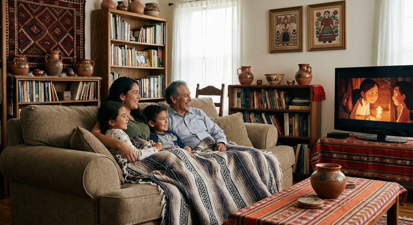 가족이 함께 소파에 앉아 TV로 영화를 보는 따뜻한 장면