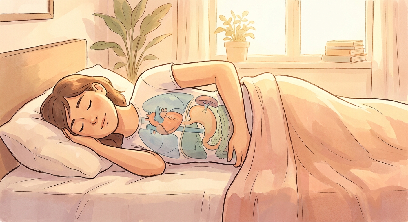 왼쪽 수면 자세와 신체 장기 위치를 보여주는 일러스트