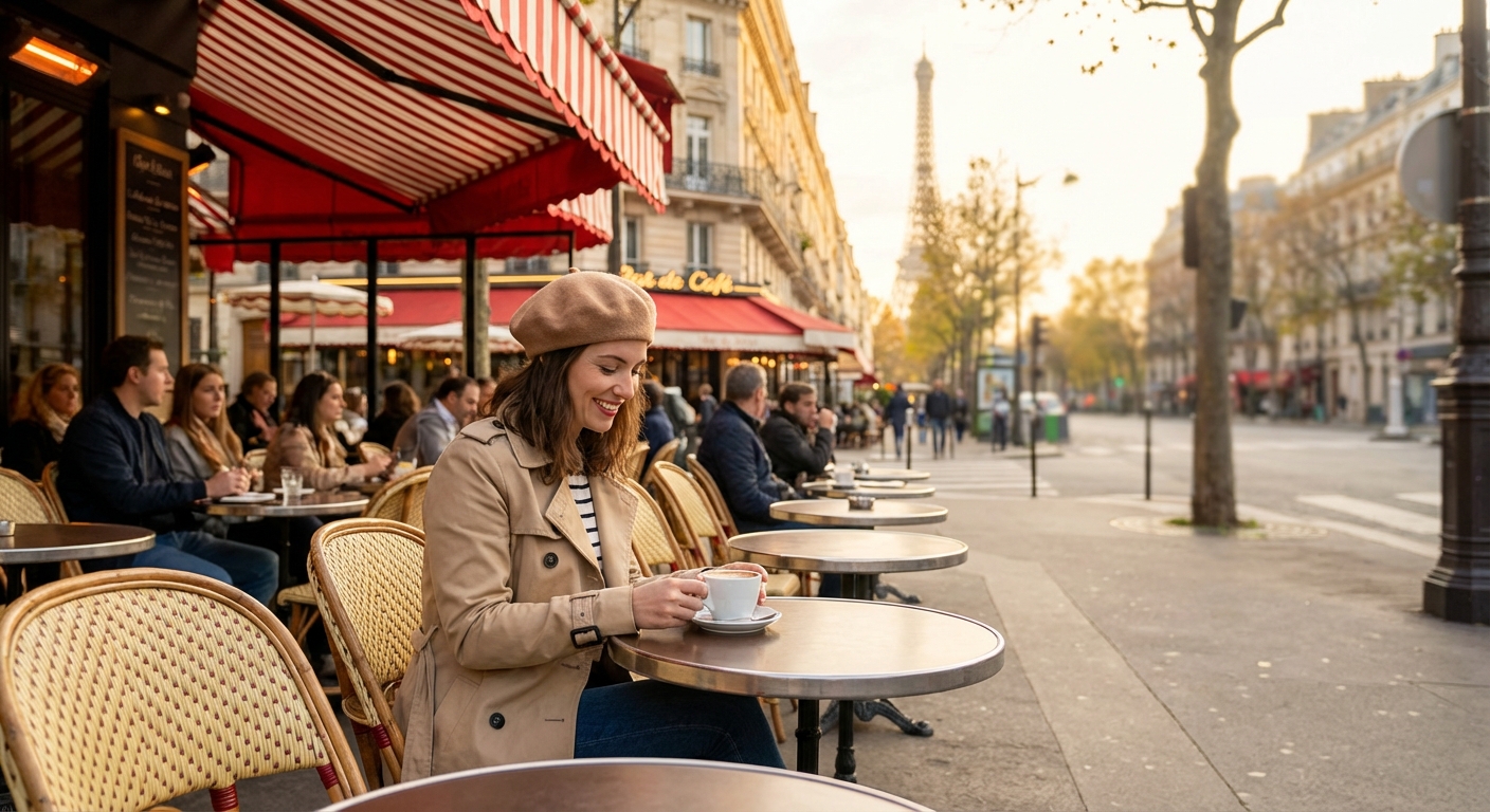 파리 카페 테라스에서 커피를 마시는 여행객