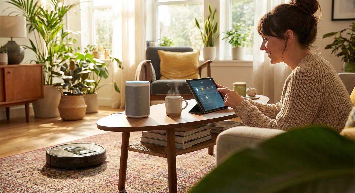 AI와 일상생활이 어우러진 따뜻한 분위기의 공간