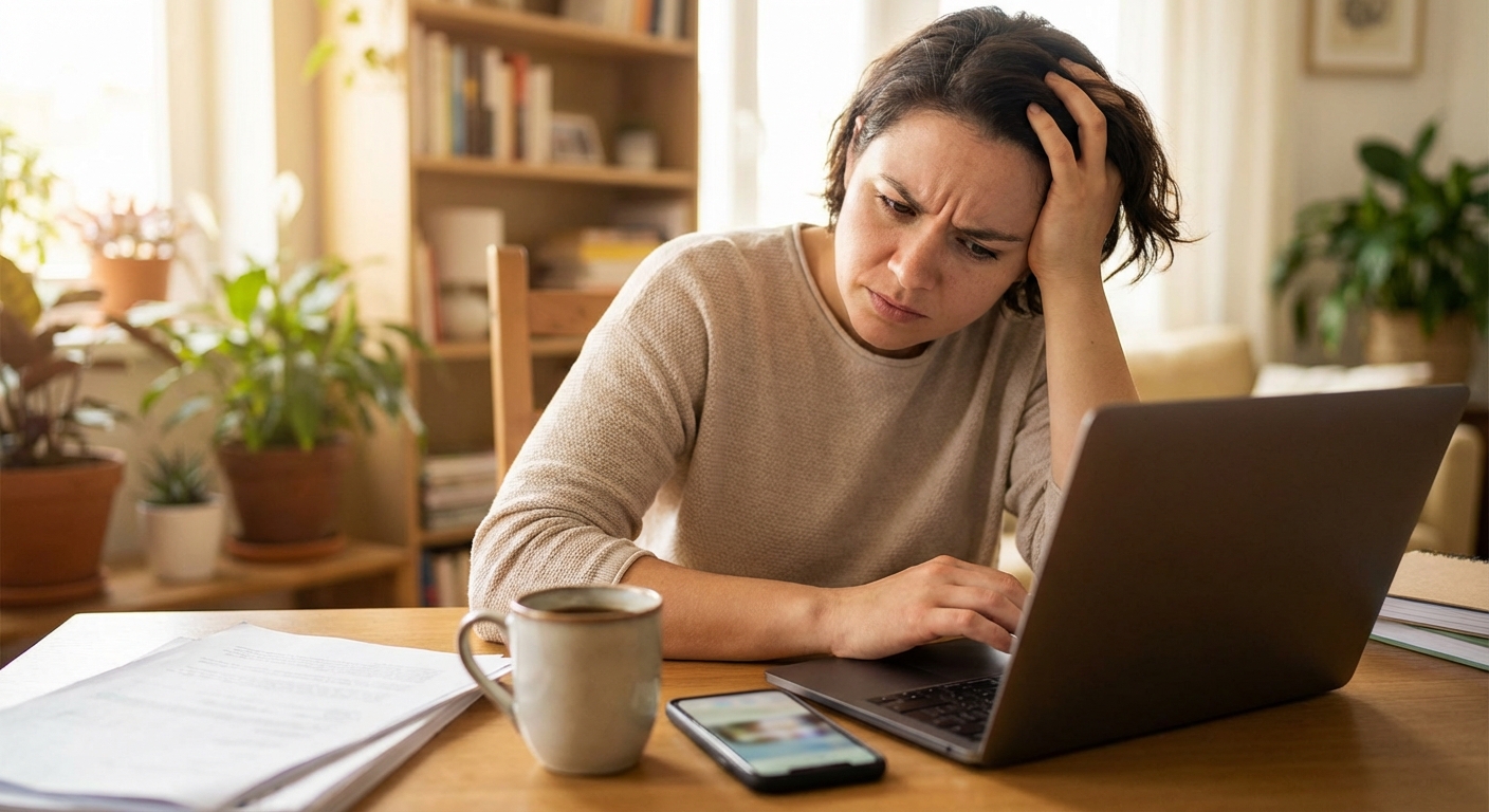 스마트폰과 노트북 앞에서 고민하는 현대인의 모습