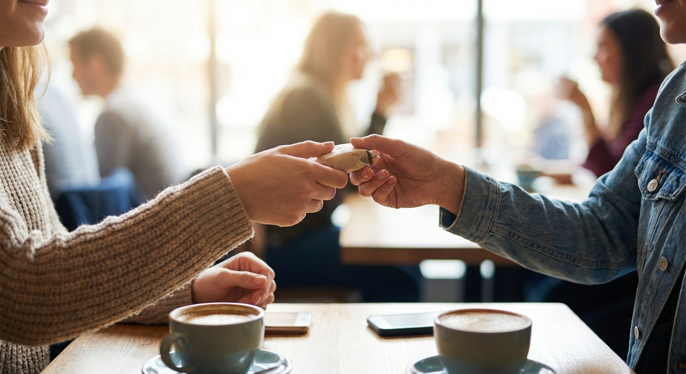 카페에서 중고 거래를 진행하는 두 사람의 손