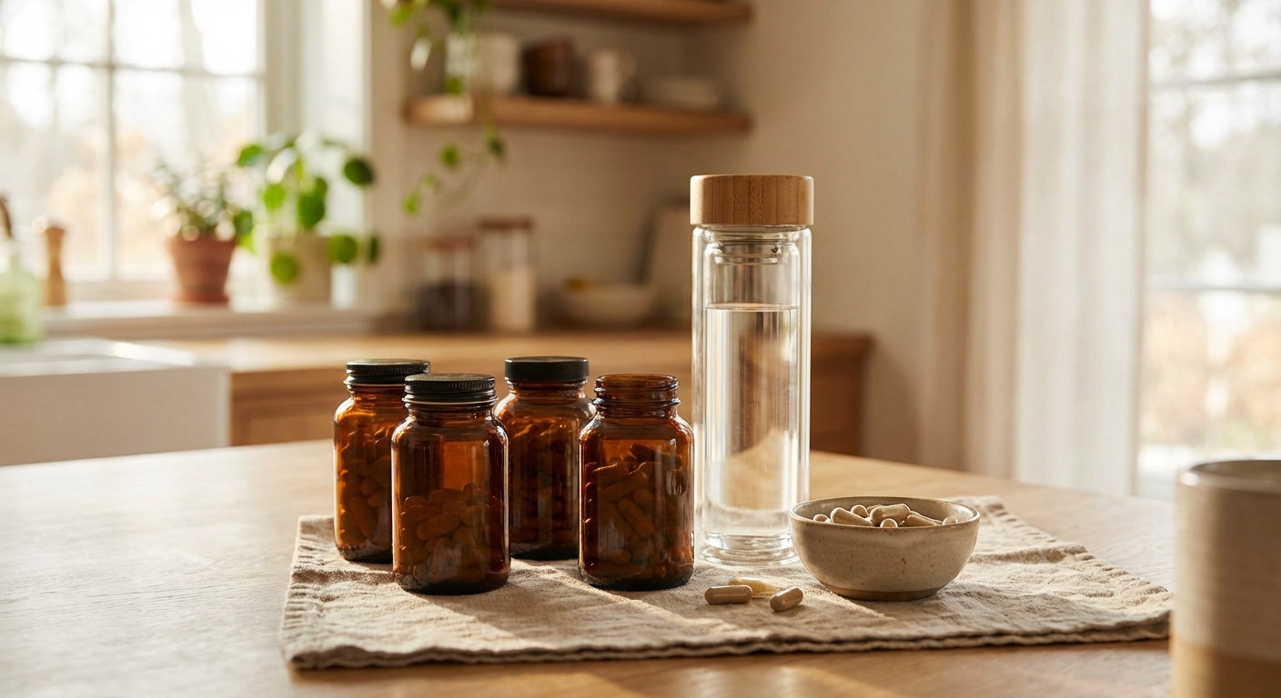 건강 보조 식품과 물병이 놓인 주방 풍경