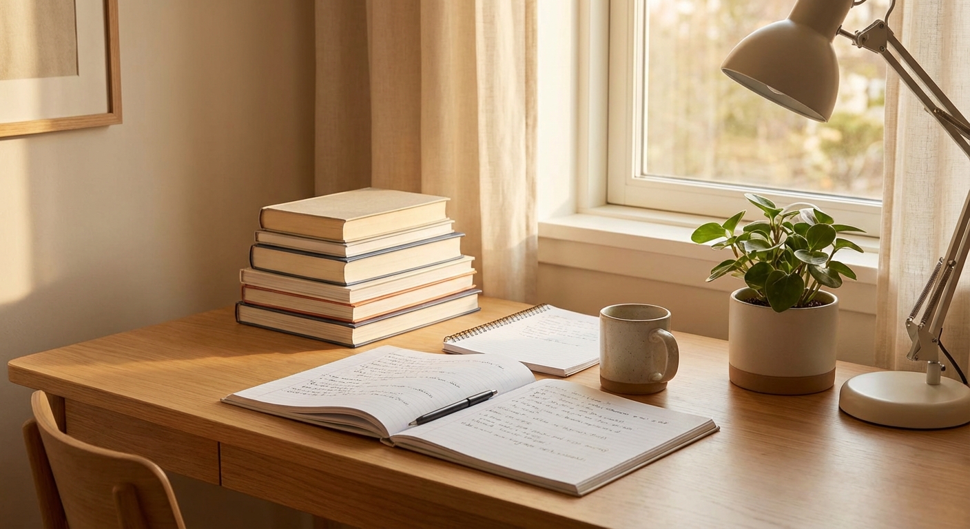 깔끔하게 정돈된 학습 공간과 교재들