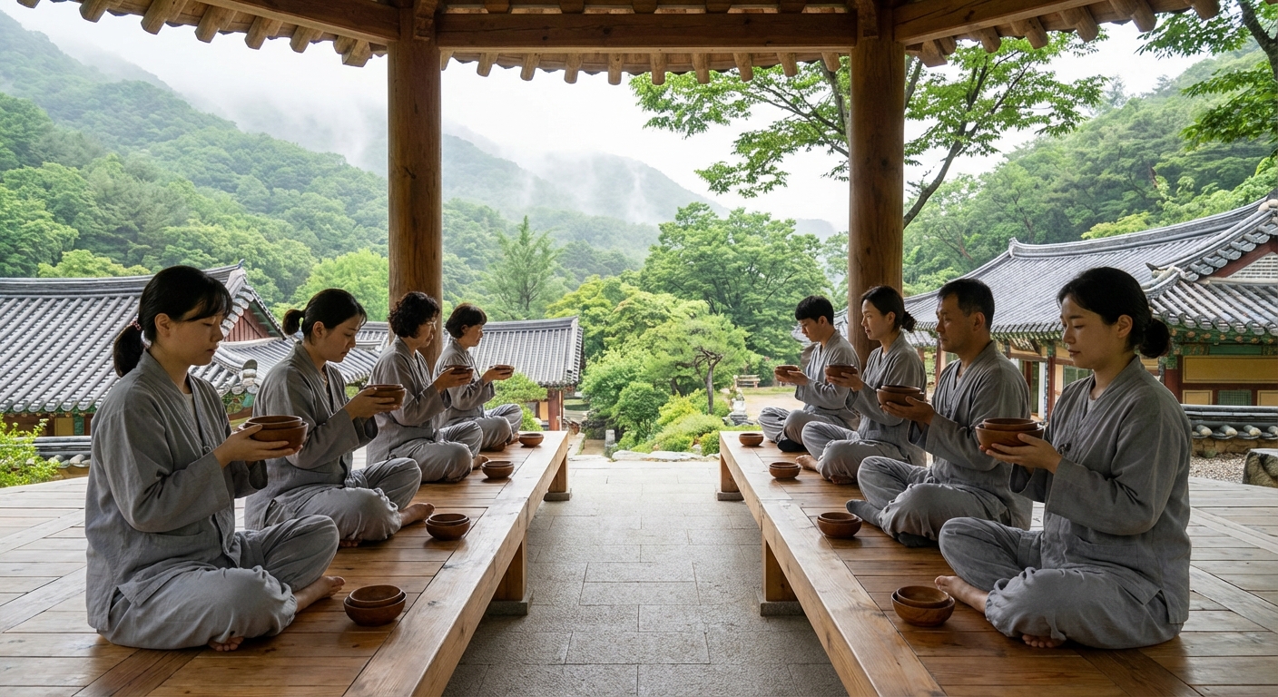템플스테이 체험 중 발우공양 장면