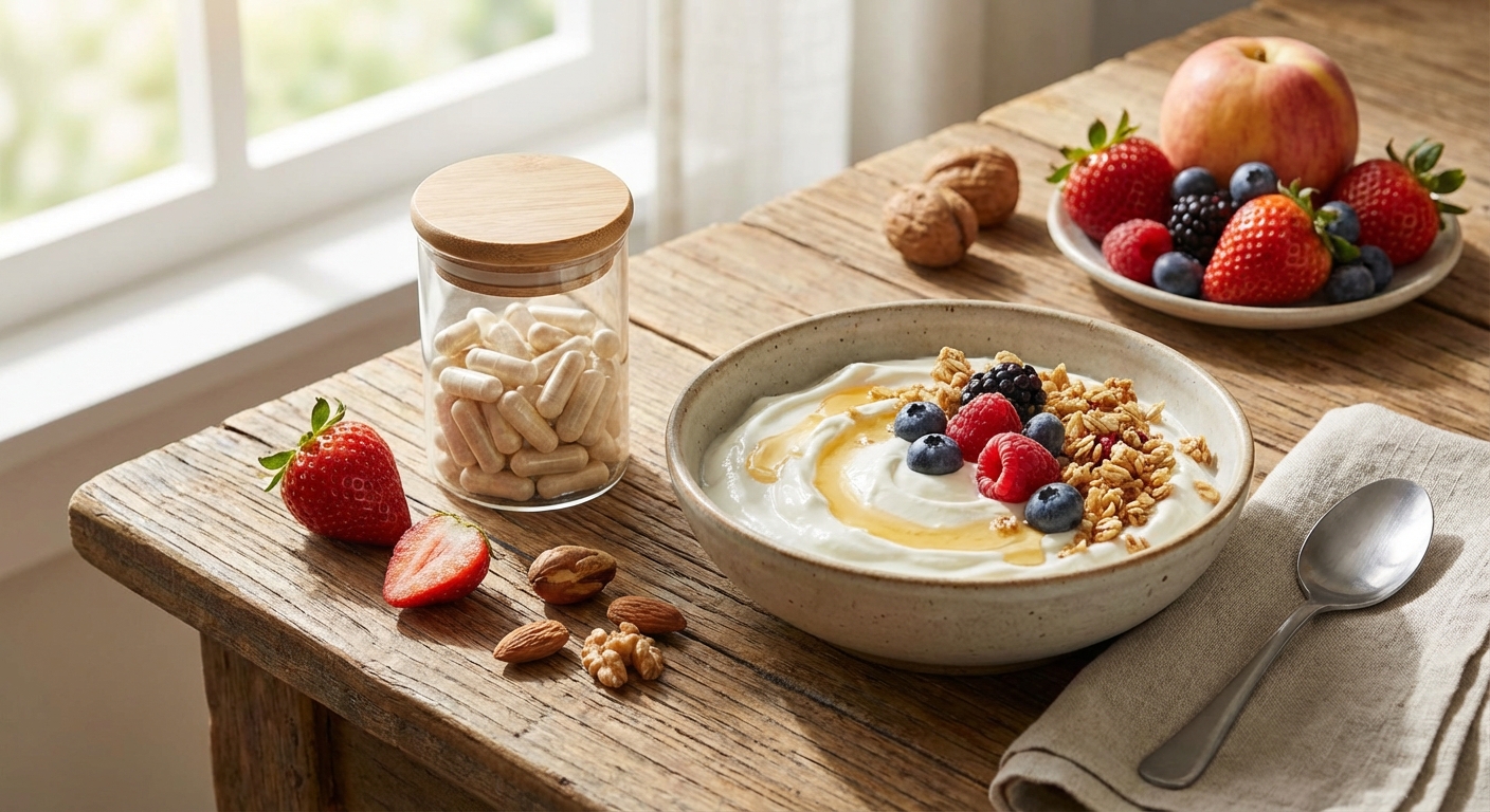 프로바이오틱스 캡슐과 요거트가 함께 놓인 식탁