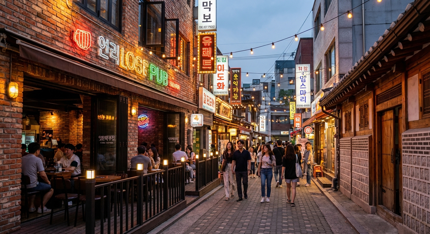 이태원 거리와 펍 분위기를 연상시키는 이미지