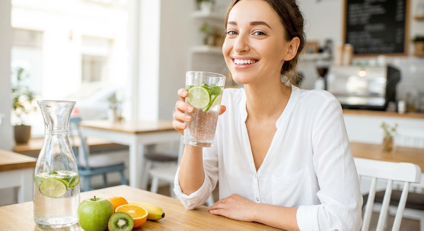 건강한 미소와 탄산수 한 잔