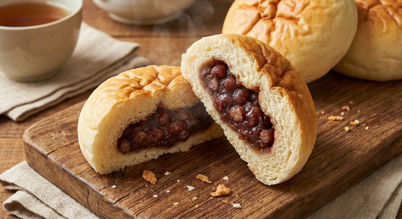 찐빵을 반으로 갈라 속재료가 보이는 단면 사진