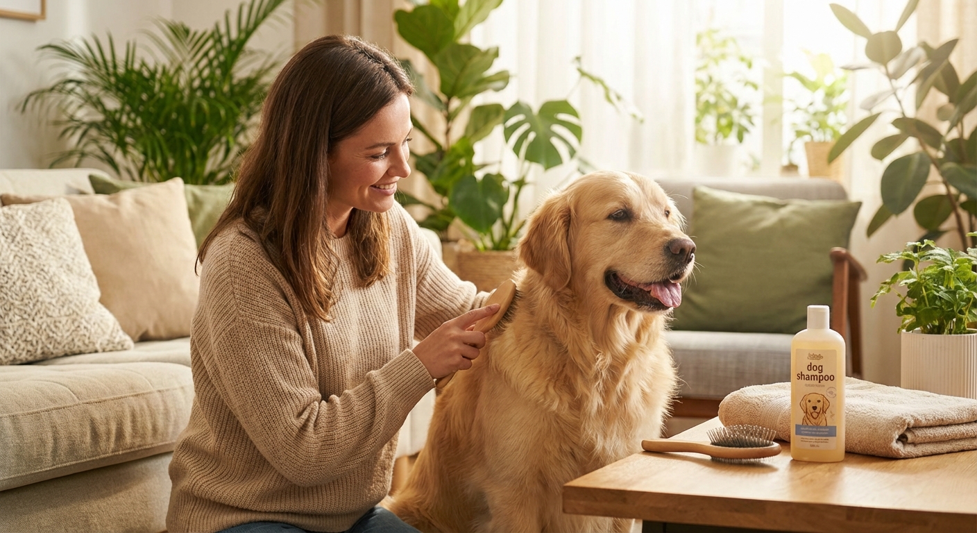 강아지 빗질 및 일상 케어 장면