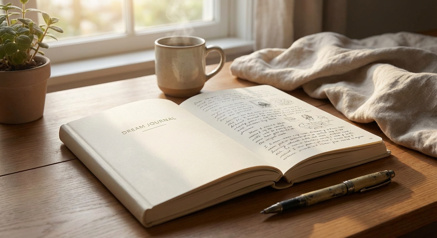 꿈 일기를 쓰고 있는 노트와 펜