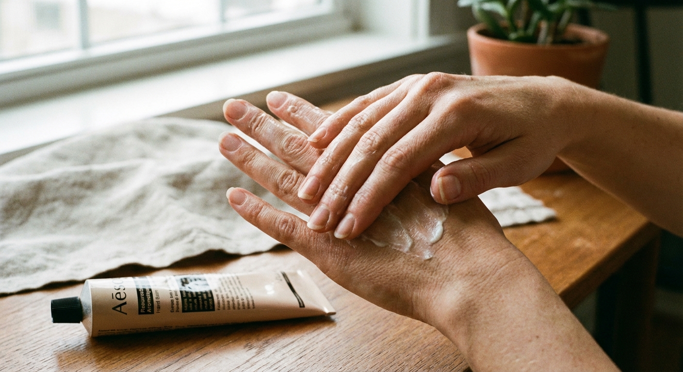 핸드크림을 바르는 여성의 손 클로즈업