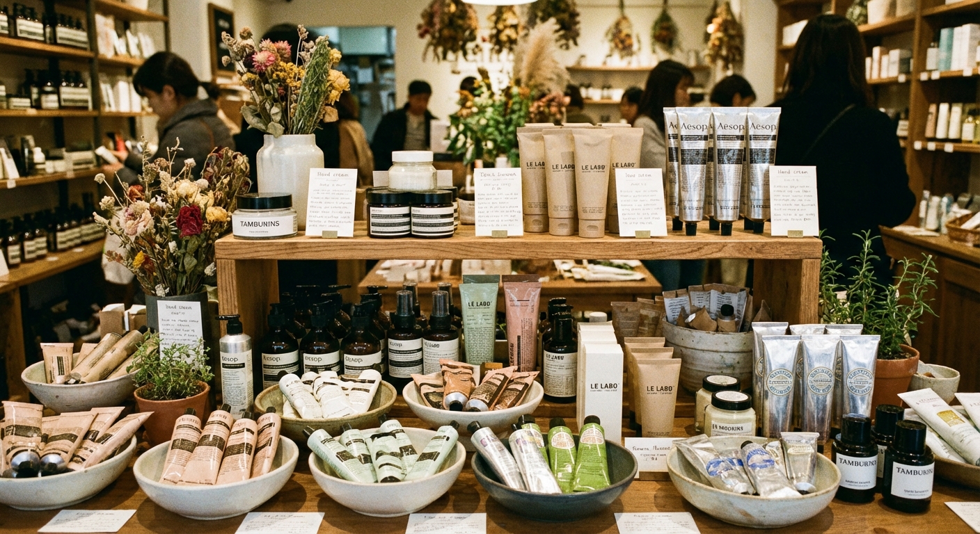 다양한 핸드크림 제품 디스플레이