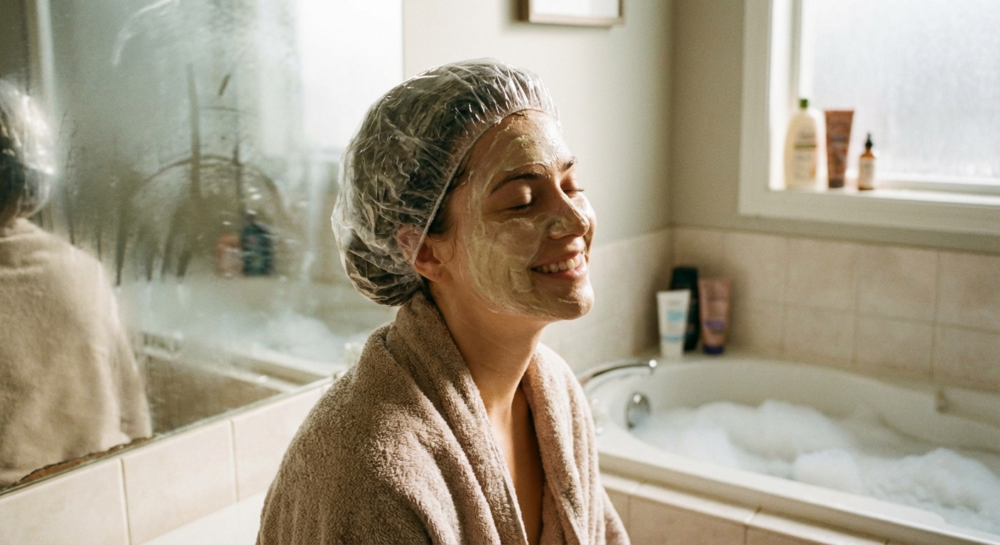 샤워캡을 쓰고 트리트먼트 중인 모습