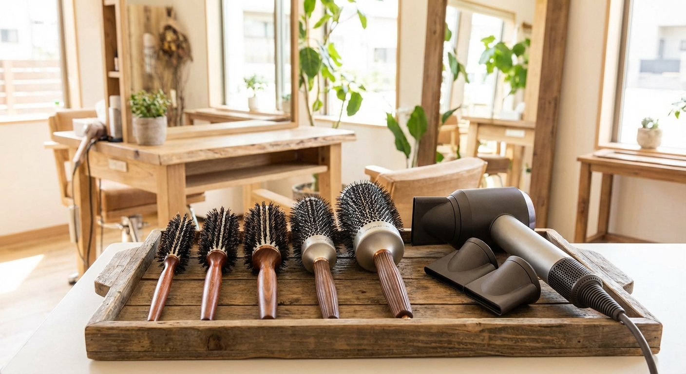 다양한 크기의 롤빗과 드라이기 세트