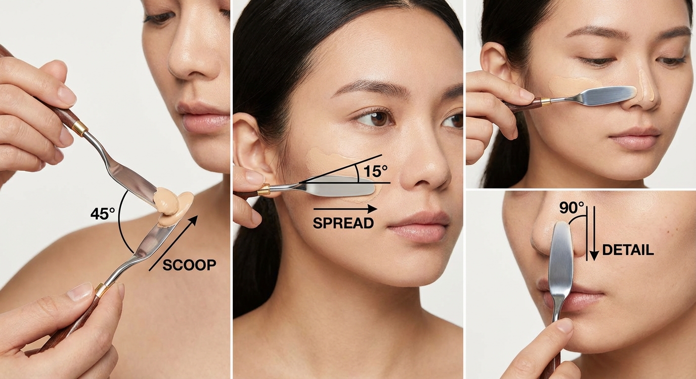 스파츌러 각도와 방향을 표시한 메이크업 과정 사진