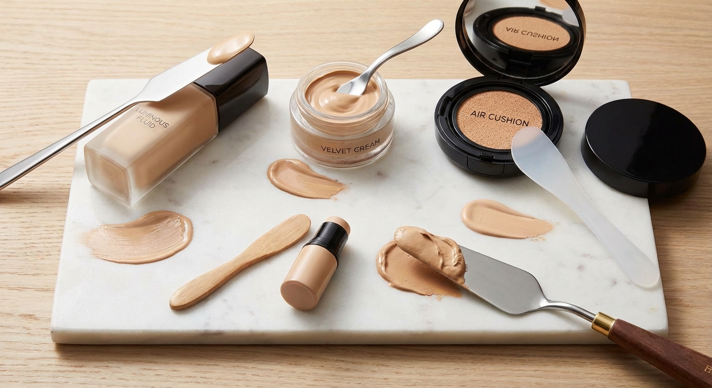 다양한 스파츌러 종류와 파운데이션 제품 조합 사진