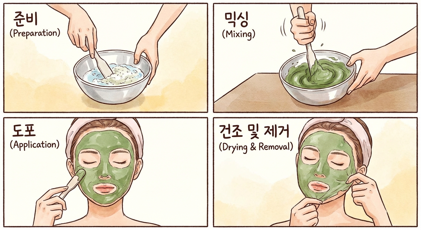 모델링 팩을 바르는 과정을 단계별로 보여주는 컷