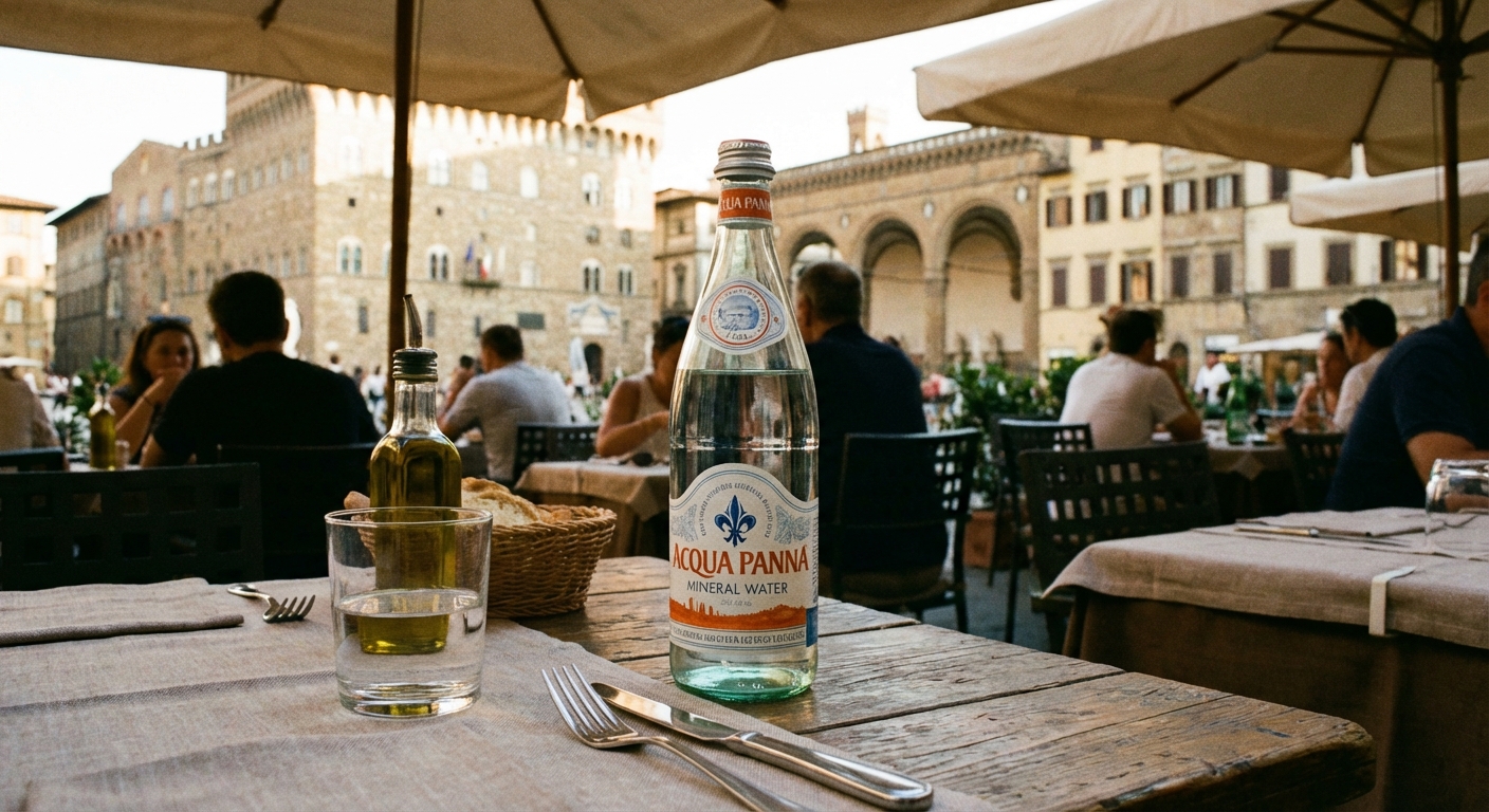 유럽 레스토랑 테이블 위 유리병 생수