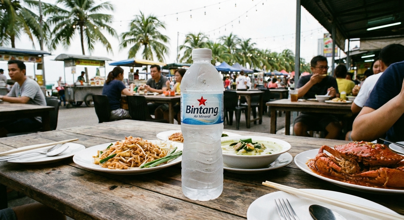 동남아 식당 테이블 위 밀봉된 생수병