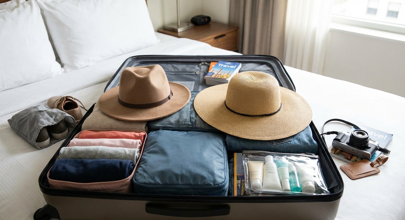 캐리어 내부에 체계적으로 정리된 짐과 모자의 배치