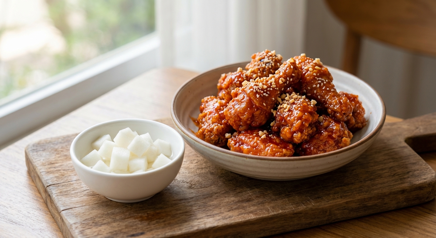 양념치킨과 치킨무 세트 이미지