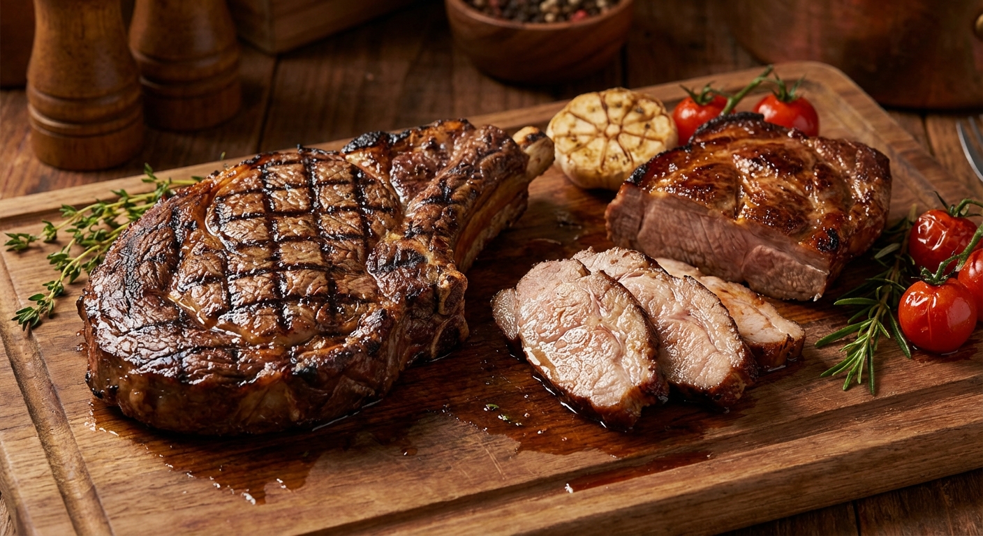 잘 구워진 쇠고기 스테이크와 돼지고기 목살 구이